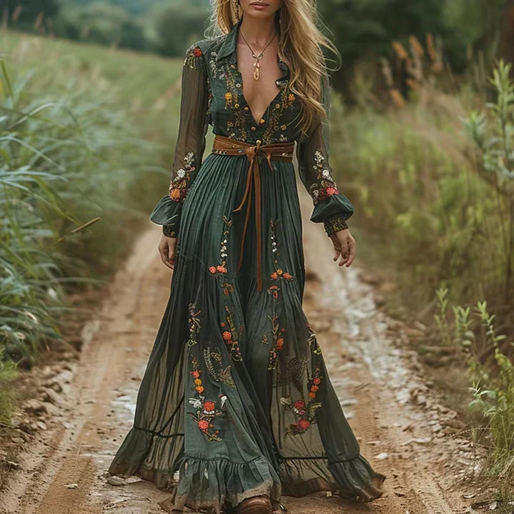 Boho Dame Maxikjole med Lav V-udskæring og Lange Ærmer Skovae