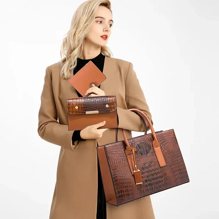 Stilla | Elegant Håndtaskesæt Med Krokodilleskindmønster, Pung Og Clutch