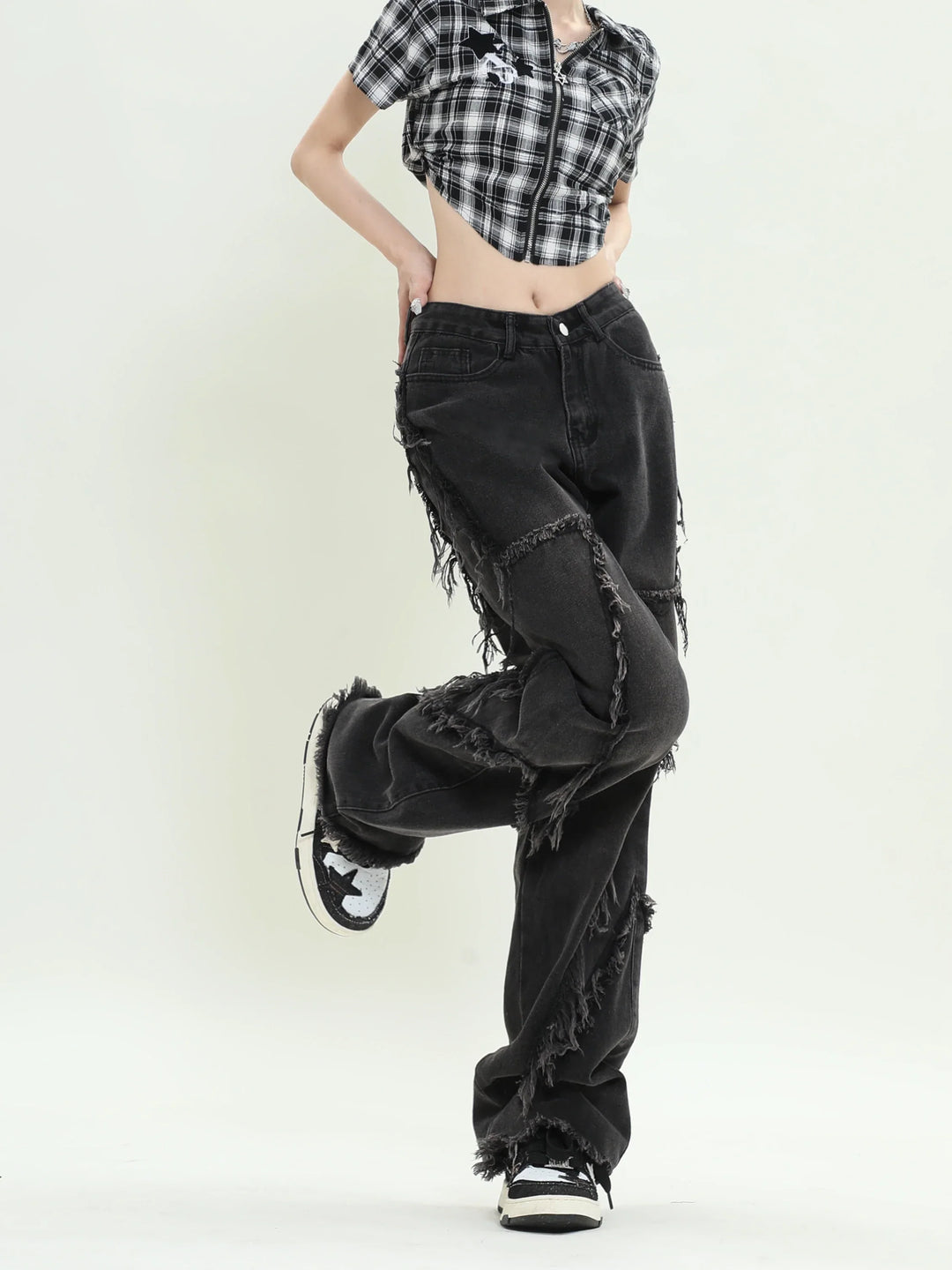 Stilla | Sorte Løse Jeans Med Stjernedesign