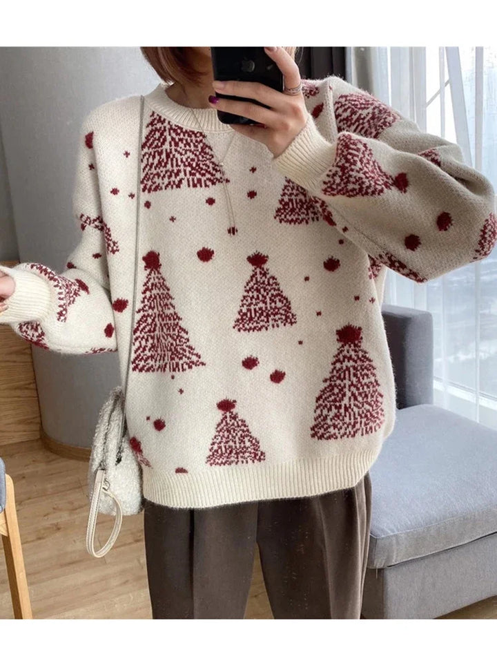 Stilla | Varme Strikpullover til Damer, Juletræ Print, Plus Størrelse Snit