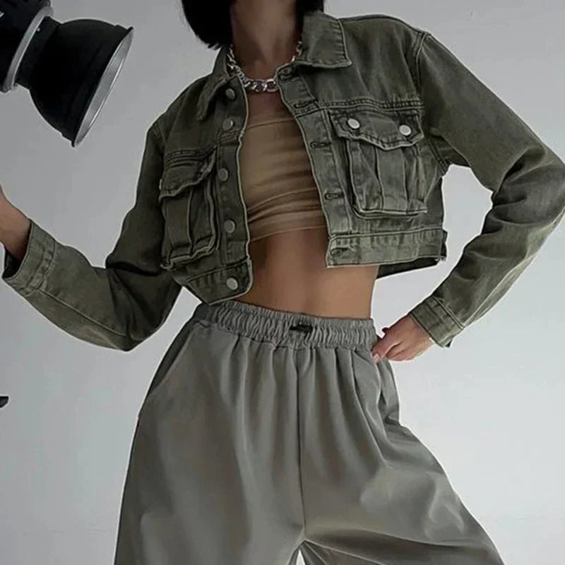 Stilla | Green Cropped Denim Jakke Til Kvinder