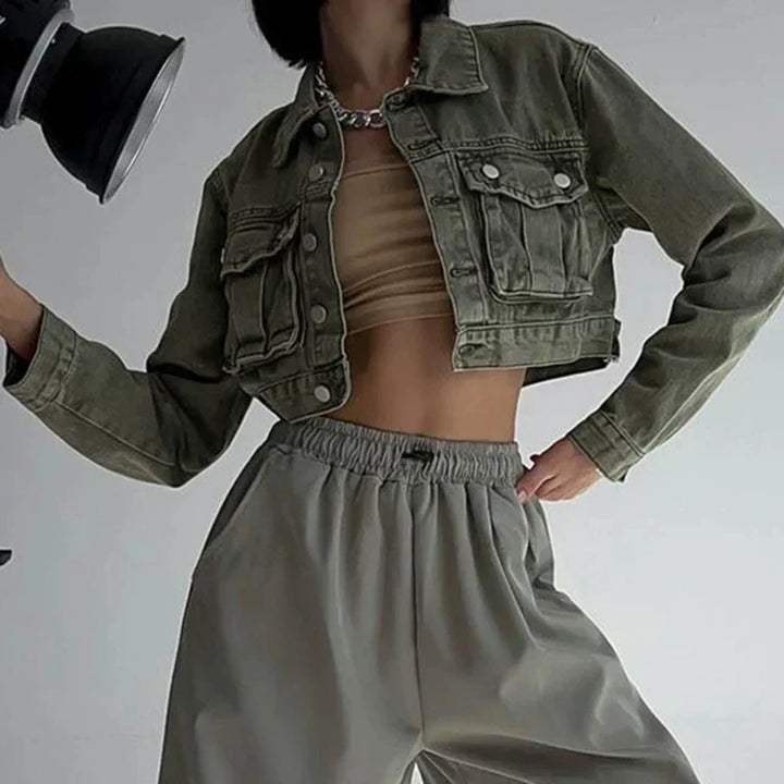 Stilla | Green Cropped Denim Jakke Til Kvinder