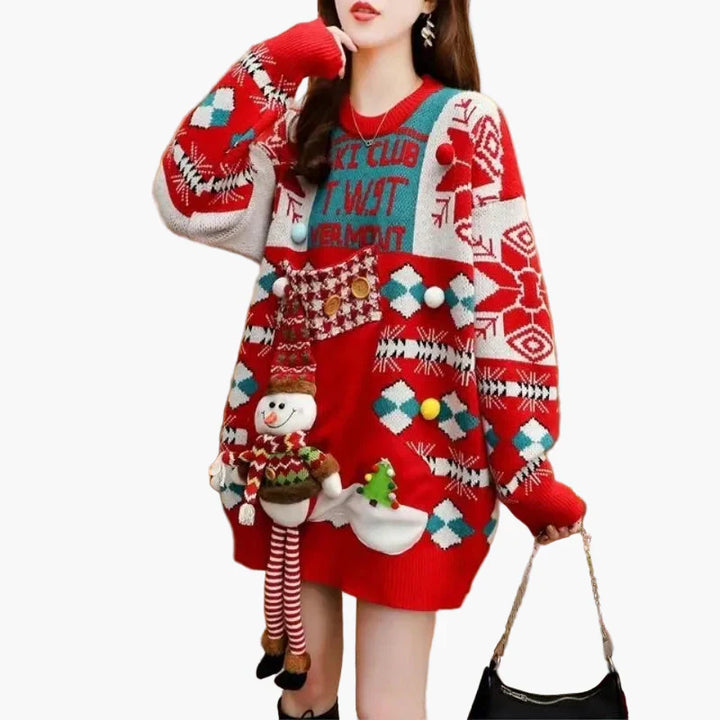Stilla | Juletrøje Ugly Christmas Sweater med 3D Snemands og Vintermotiv - Sjov Ferietrøje til Fester