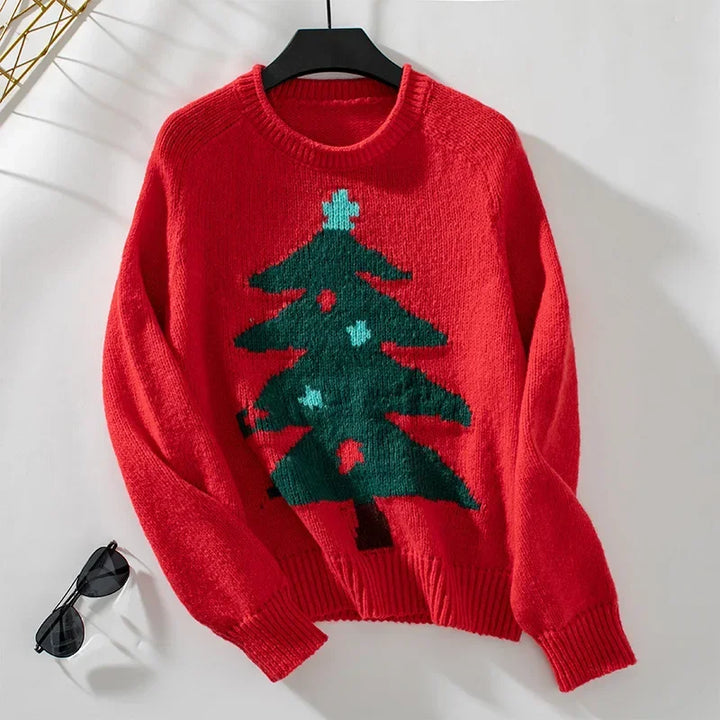 Stilla | Varm Strikket Sweater Med Juletræ Musetryk Til Kvinder