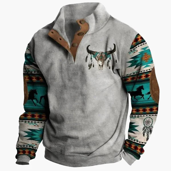 Stilla | Vintage Western Sweatshirt med Etnisk Mønster og Ståkrave - Fritidstrøje