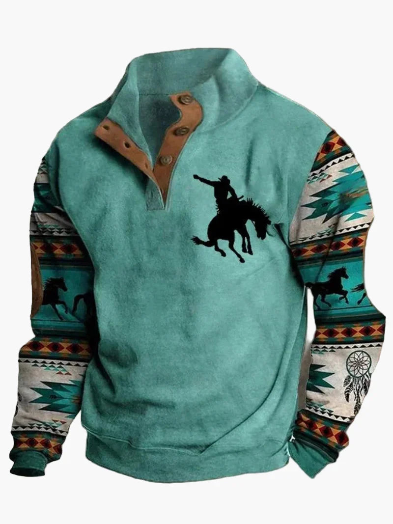 Stilla | Retro Cowboy Sweatshirt med Digitaltryk og Stående Krave - Western Casual Pullover til Udendørs og Fritid