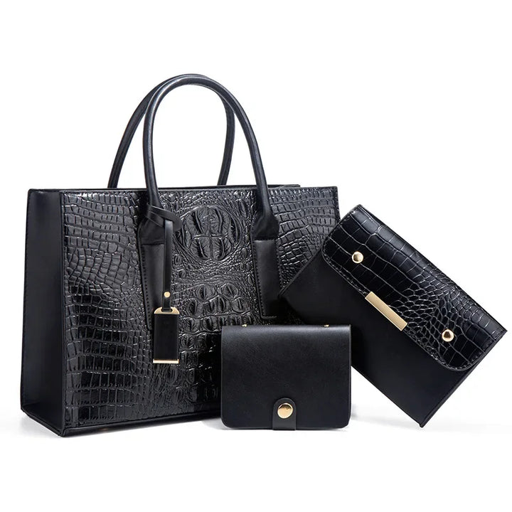 Stilla | Elegant Håndtaskesæt Med Krokodilleskindmønster, Pung Og Clutch