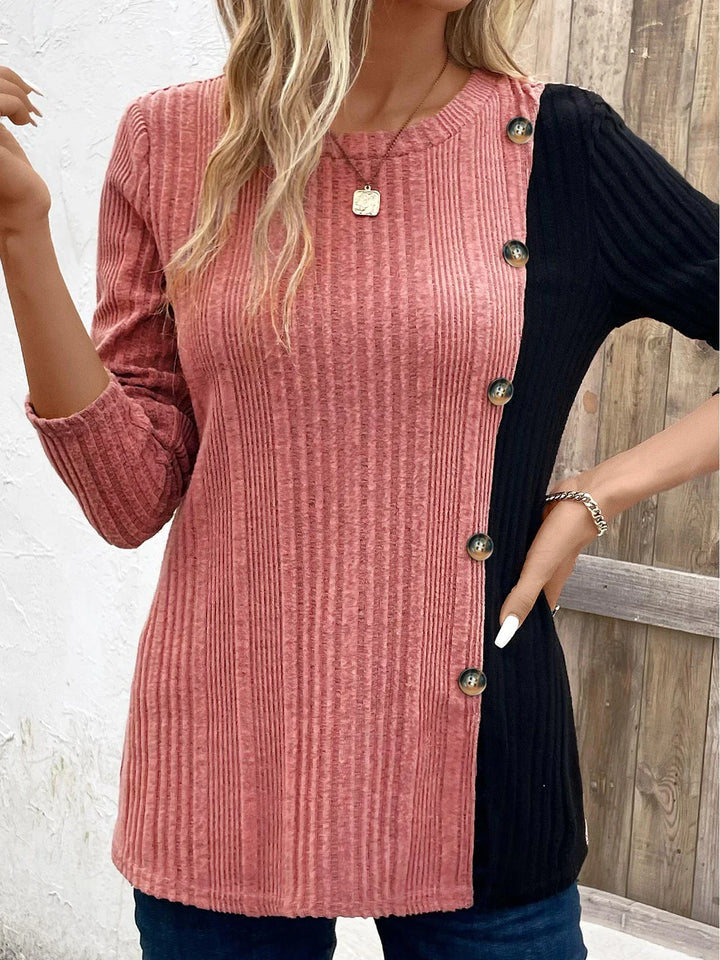 Stilla | Dam Langærmet T-shirt Med Color Block Detaljer Og Knapliste