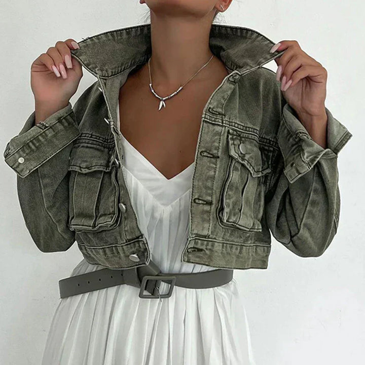 Stilla | Green Cropped Denim Jakke Til Kvinder