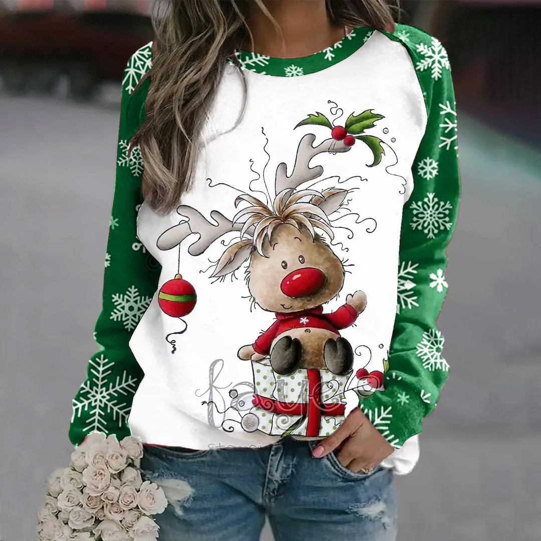 Stilla | Varm Rundhals Pullover Med 3d Printet Jule-reindeer Motiv Til Dame