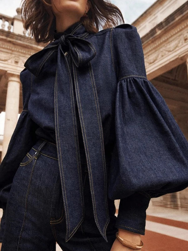 Stilla | Bluser af jeans med puffærmer