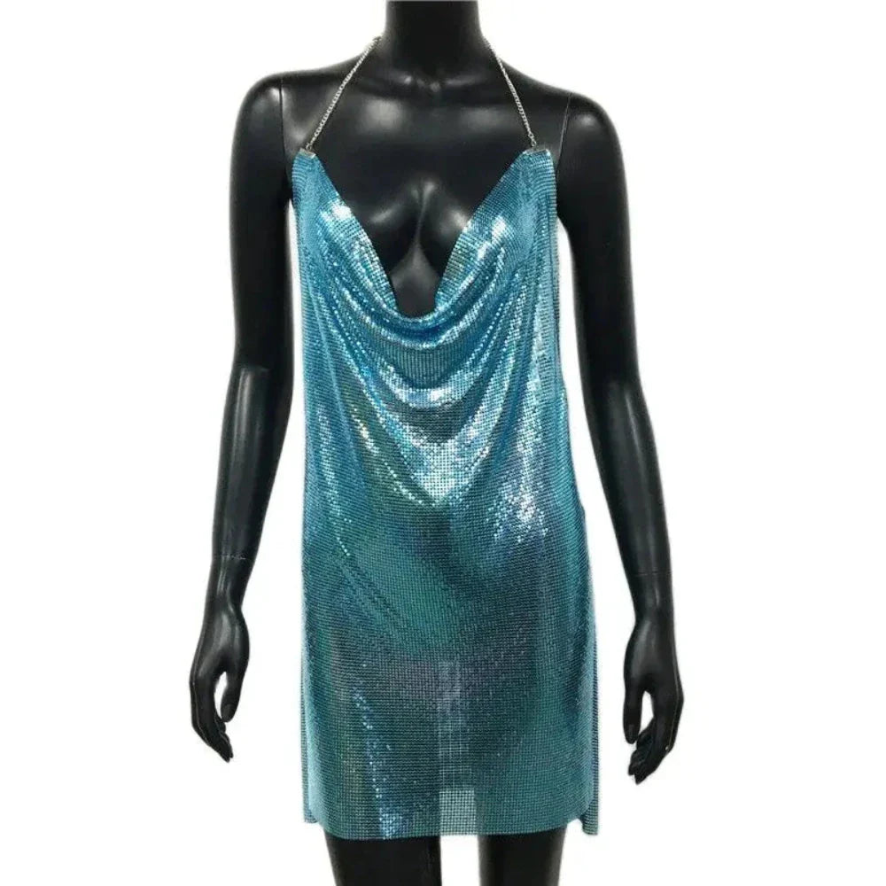 Stilla | Metallic Rygfri Mini Kjole