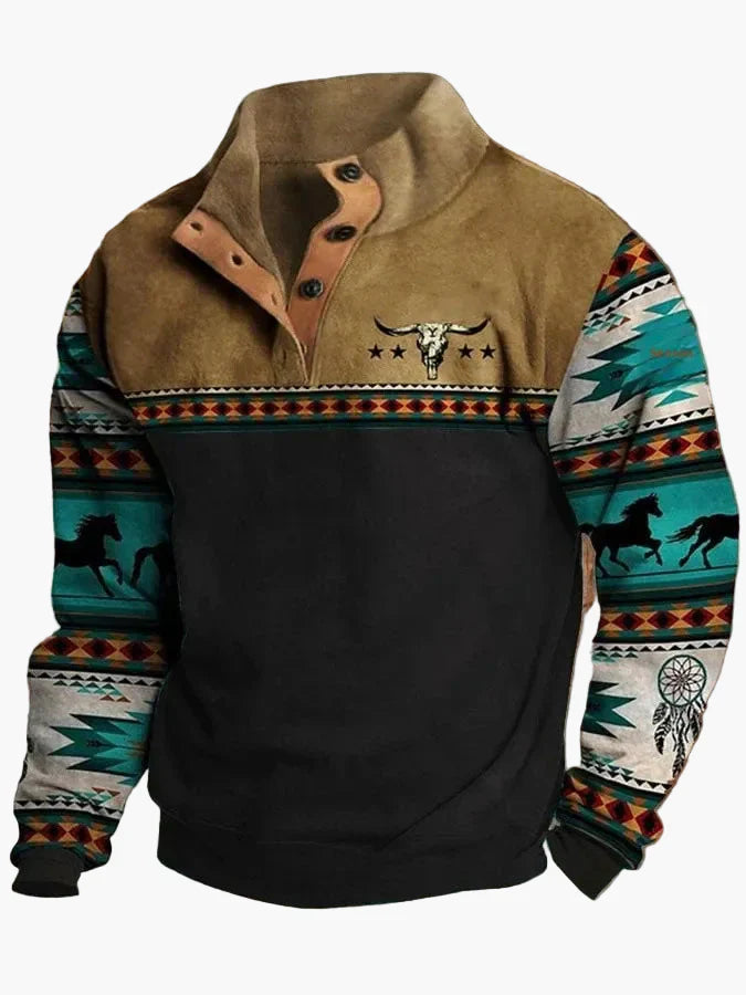 Stilla | Vintage Western Sweatshirt med Etnisk Mønster og Ståkrave - Fritidstrøje