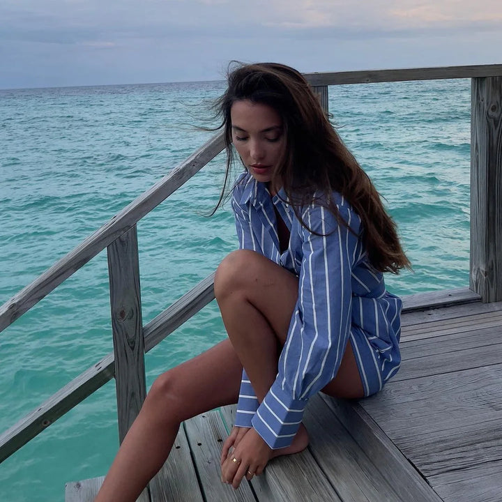 Stilla | Elegant stribet bomulds top og shortssæt