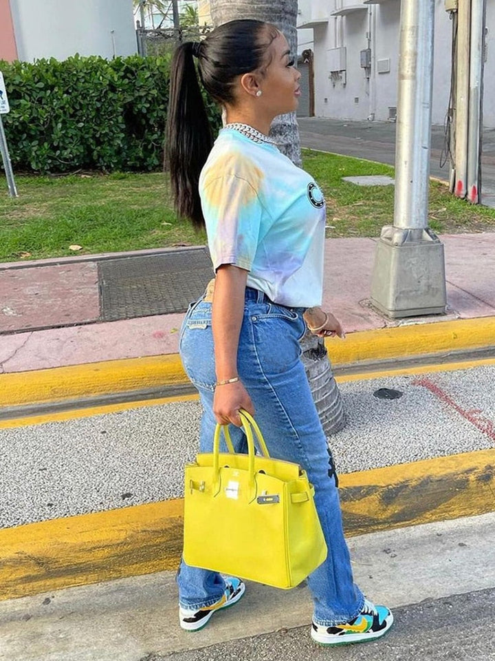 Stilla | Årgang Cross Printed Baggy Jeans Lav Talje Denim Bukser