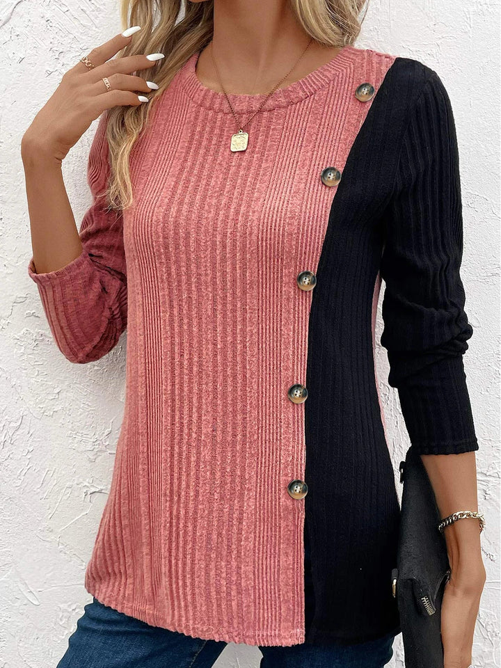 Stilla | Dam Langærmet T-shirt Med Color Block Detaljer Og Knapliste