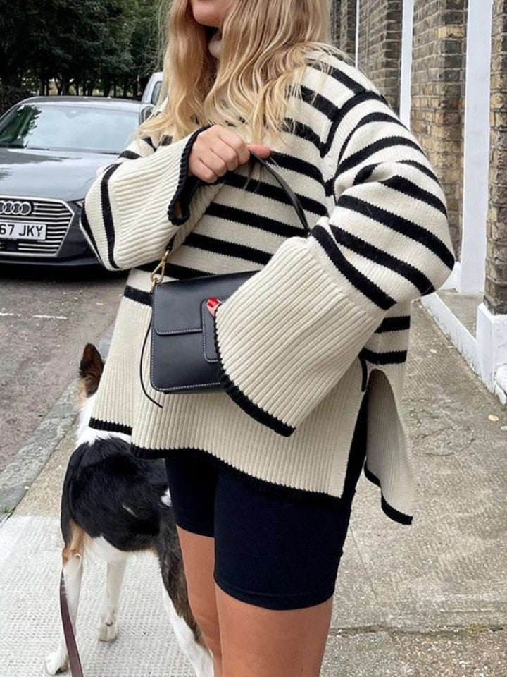 Stilla | Bluse Oversize Med Ståkrave Af Stribet Netstof