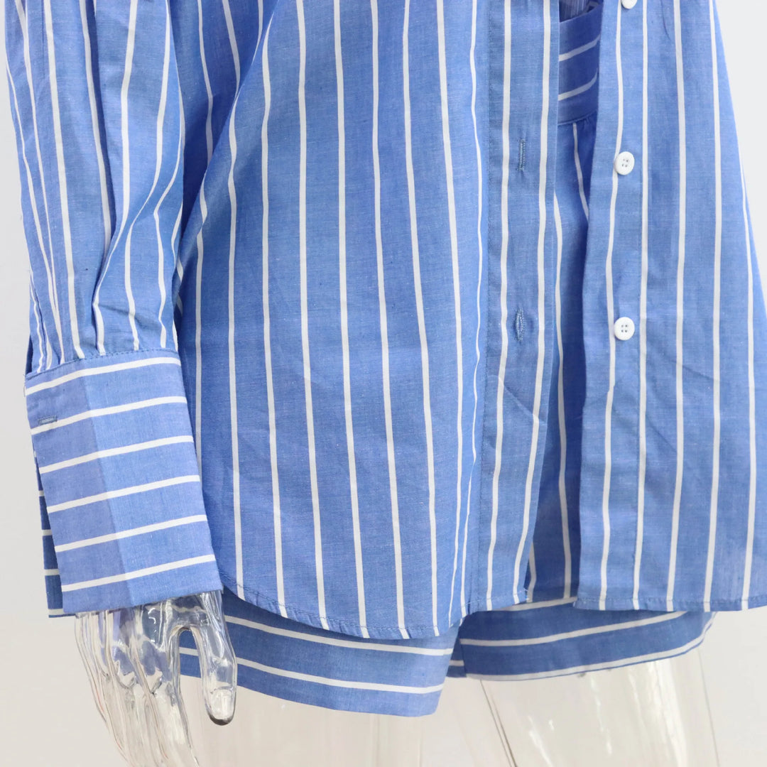 Stilla | Elegant stribet bomulds top og shortssæt
