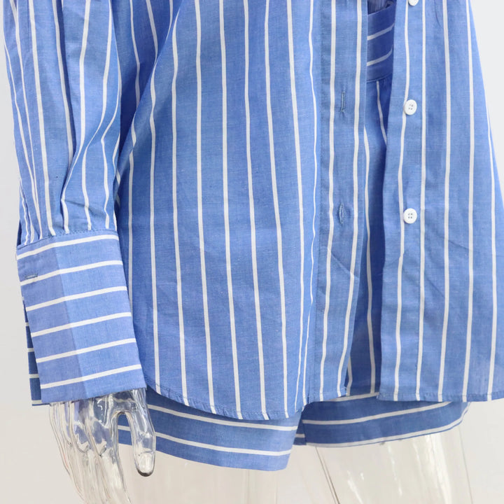Stilla | Elegant stribet bomulds top og shortssæt