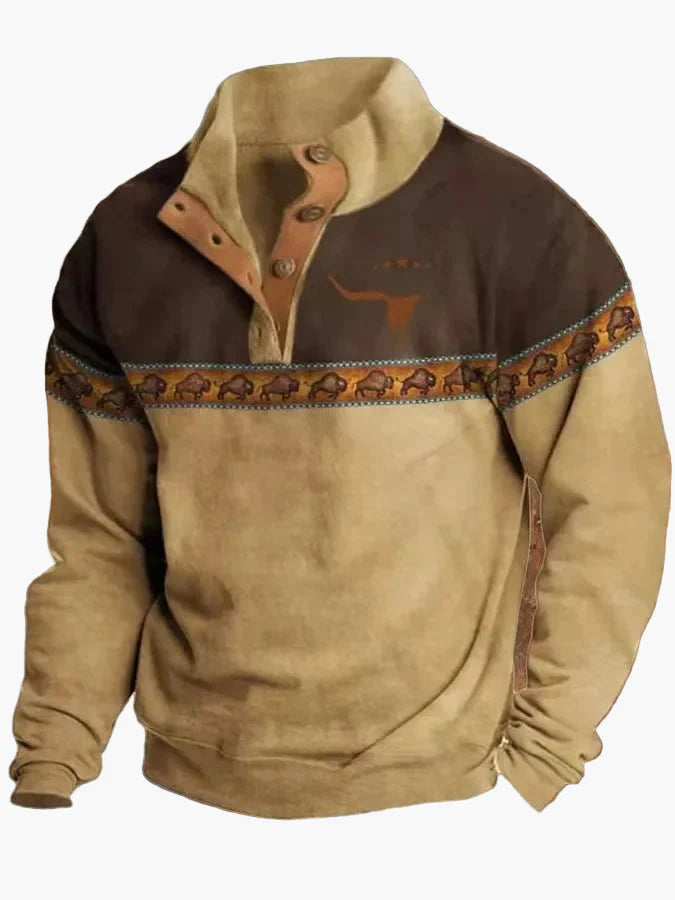 Stilla | Vintage Western Sweatshirt med Etnisk Mønster og Ståkrave - Fritidstrøje