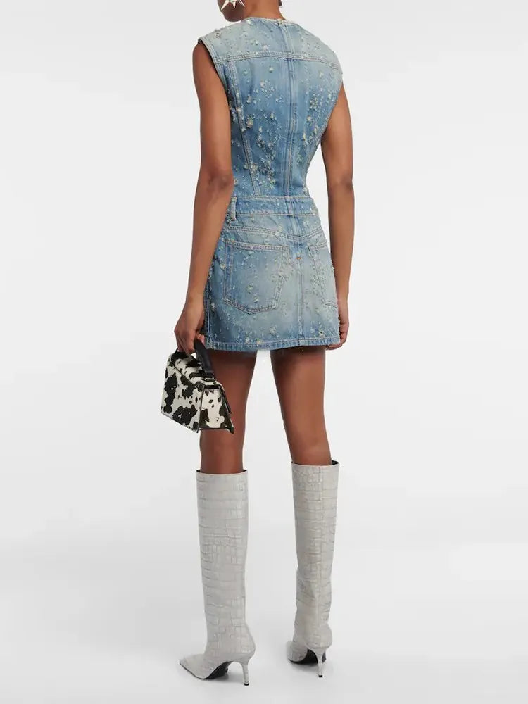 Stilla | Distressed Denim A-line Kjole