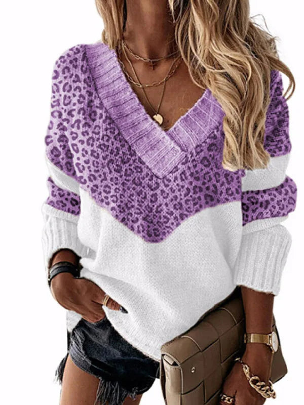 Stilla | V-udskæring leopardpullover med farveblokke