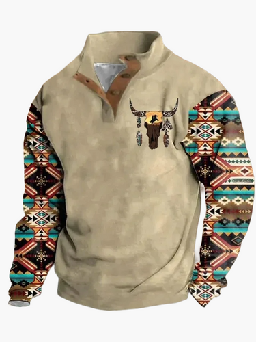 Stilla | Vintage Western Sweatshirt med Etnisk Mønster og Ståkrave - Fritidstrøje