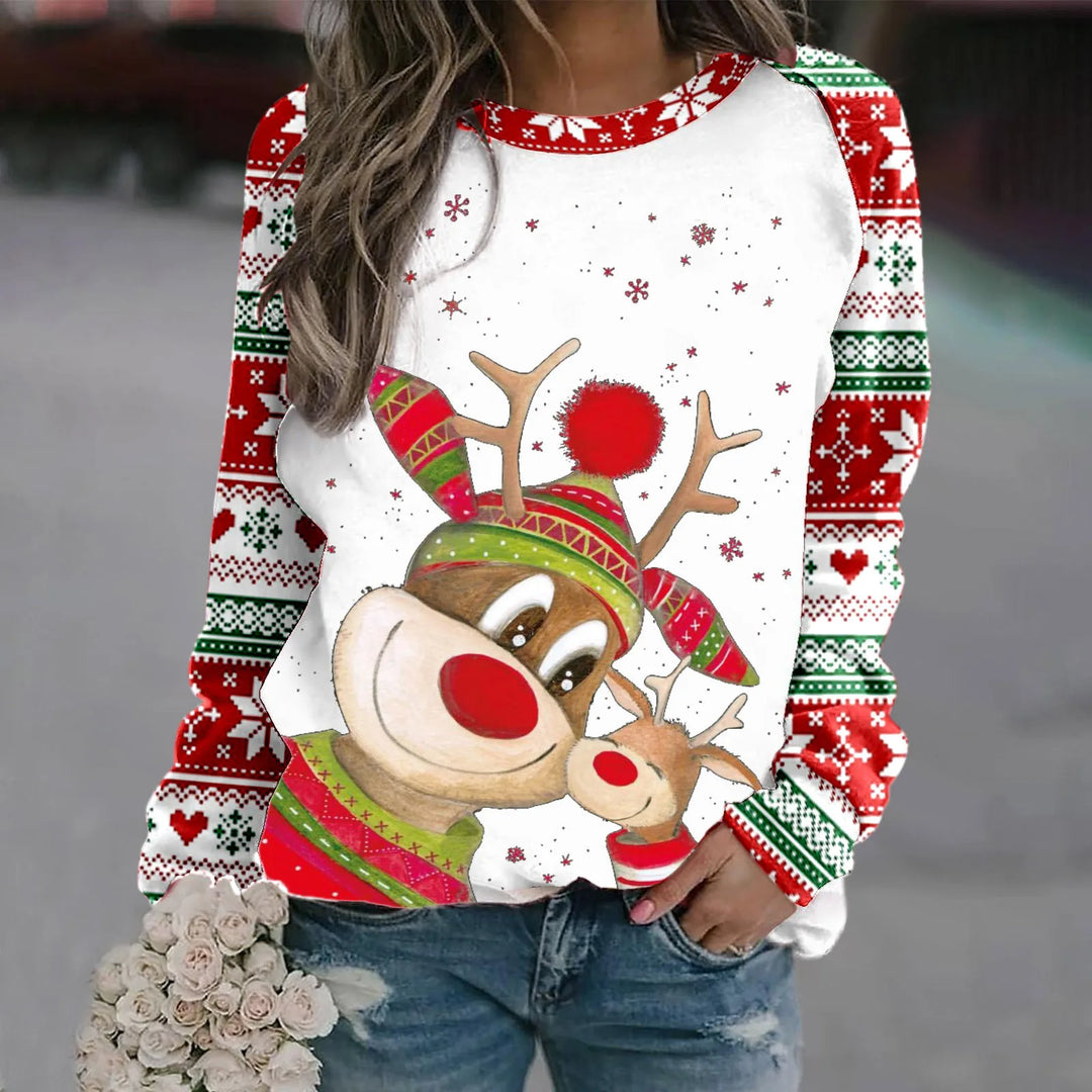 Stilla | Varm Rundhals Pullover Med 3d Printet Jule-reindeer Motiv Til Dame