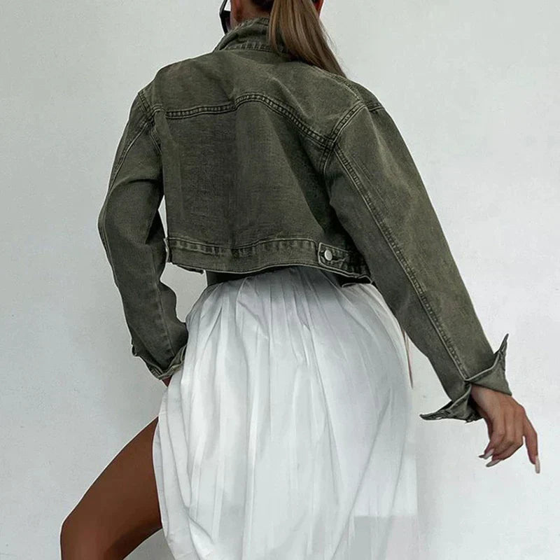 Stilla | Green Cropped Denim Jakke Til Kvinder