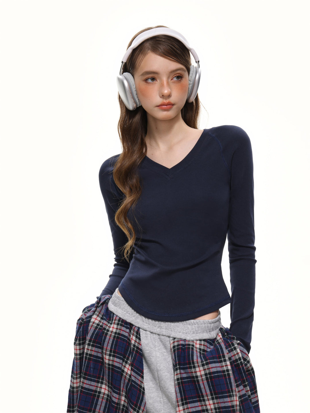 Dame V-hals Langærmet T-shirt Slim Fit