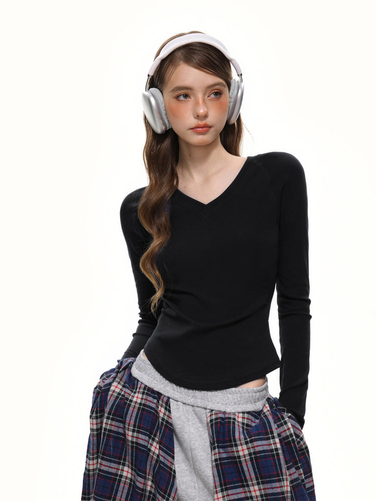 Dame V-hals Langærmet T-shirt Slim Fit