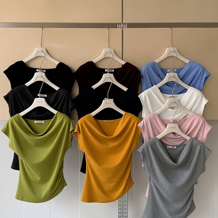 Dame kortærmet T-shirt med rynker slim fit