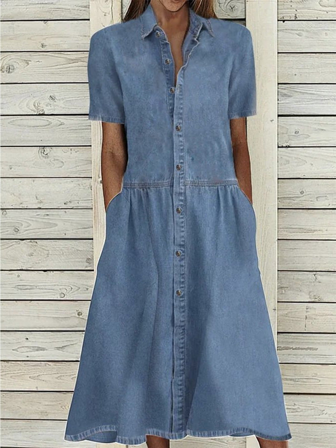 Stilla | Kvinder Kjoler Afslappet Krave Knap Lomme Denim Kjole