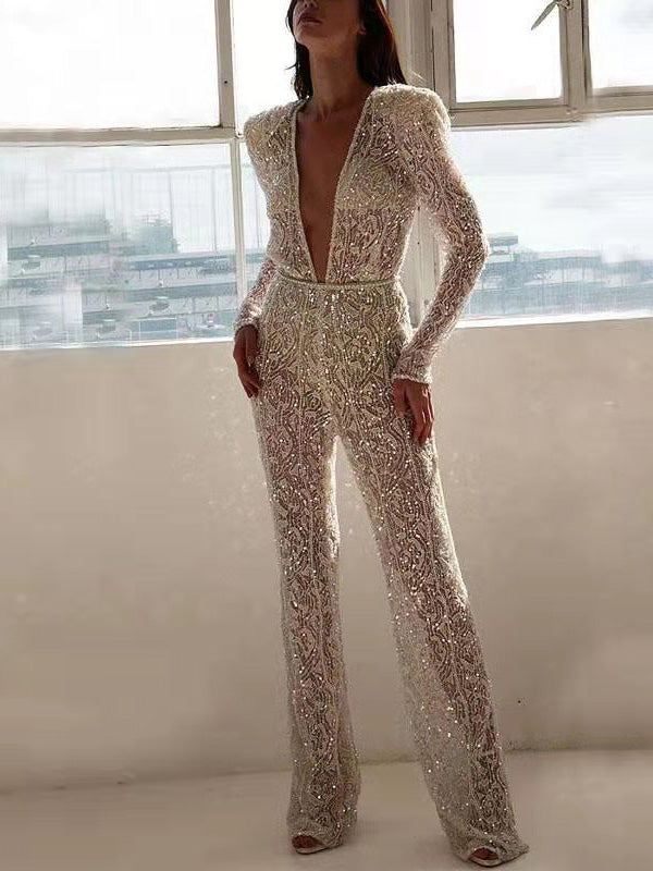 Stilla | Kvinder Jumpsuits Shiny V-hals Langærmet Jumpsuit
