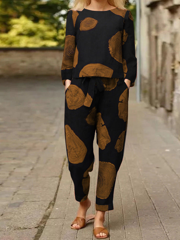 Stilla | Dame Sæt Crew Neck Print Top & Bukser to Delt Sæt