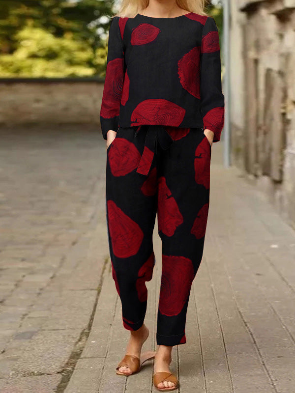 Stilla | Dame Sæt Crew Neck Print Top & Bukser to Delt Sæt