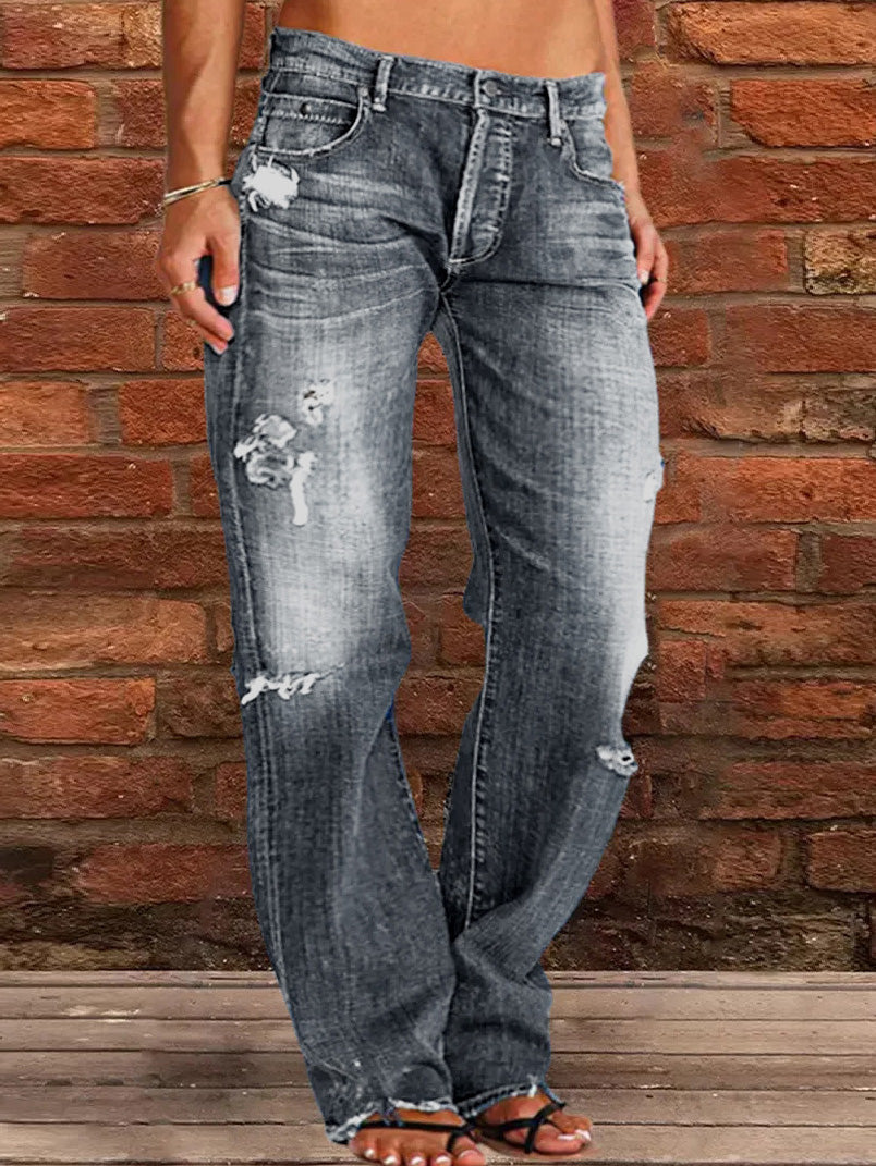 Stilla | Damejeans Stretch Revnet Vasket Afslappet Straight Jeans