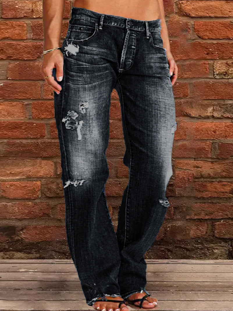Stilla | Damejeans Stretch Revnet Vasket Afslappet Straight Jeans