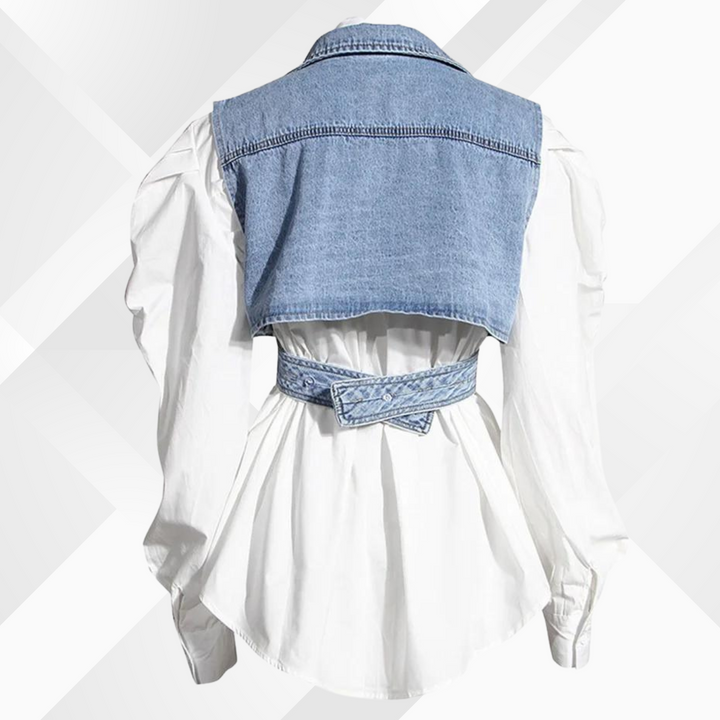 Stilla | Denim Vest Og Bluse Med Puffærmer