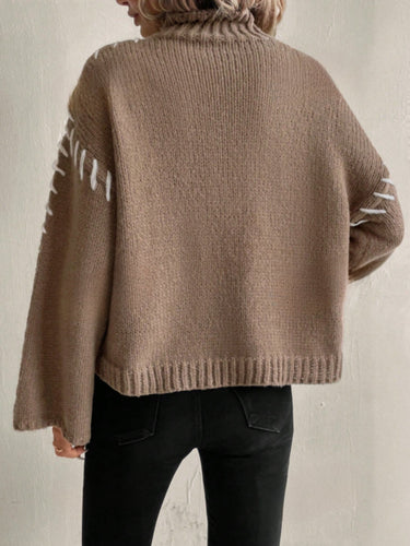 Stilla | Dame Patchwork Strikpullover med Kontrasterende Farver og Høj Hals