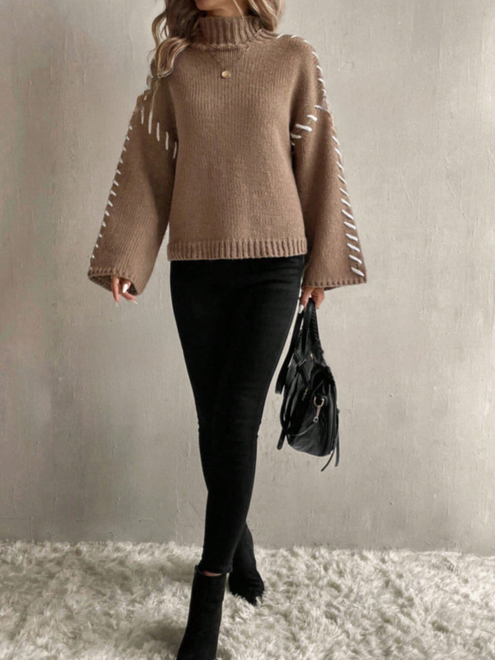 Stilla | Dame Patchwork Strikpullover med Kontrasterende Farver og Høj Hals