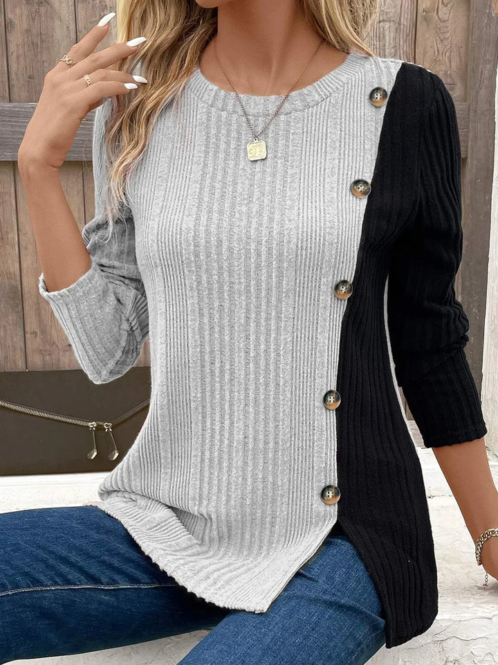 Stilla | Dam Langærmet T-shirt Med Color Block Detaljer Og Knapliste