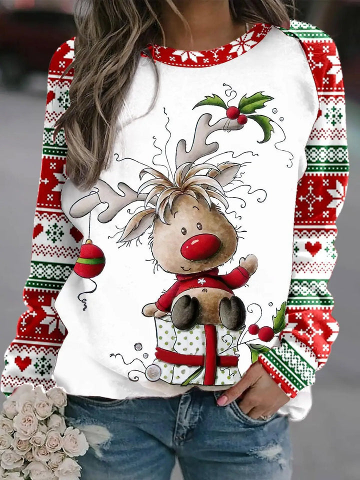 Stilla | Varm Rundhals Pullover Med 3d Printet Jule-reindeer Motiv Til Dame