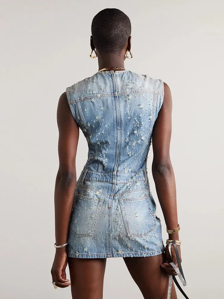 Stilla | Distressed Denim A-line Kjole