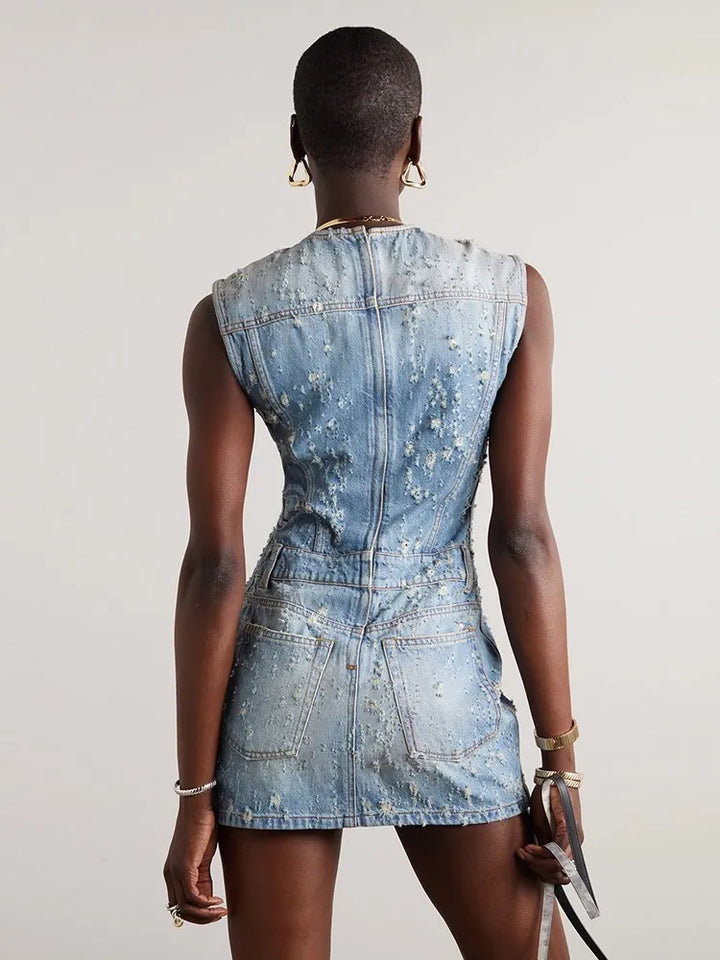 Stilla | Distressed Denim A-line Kjole