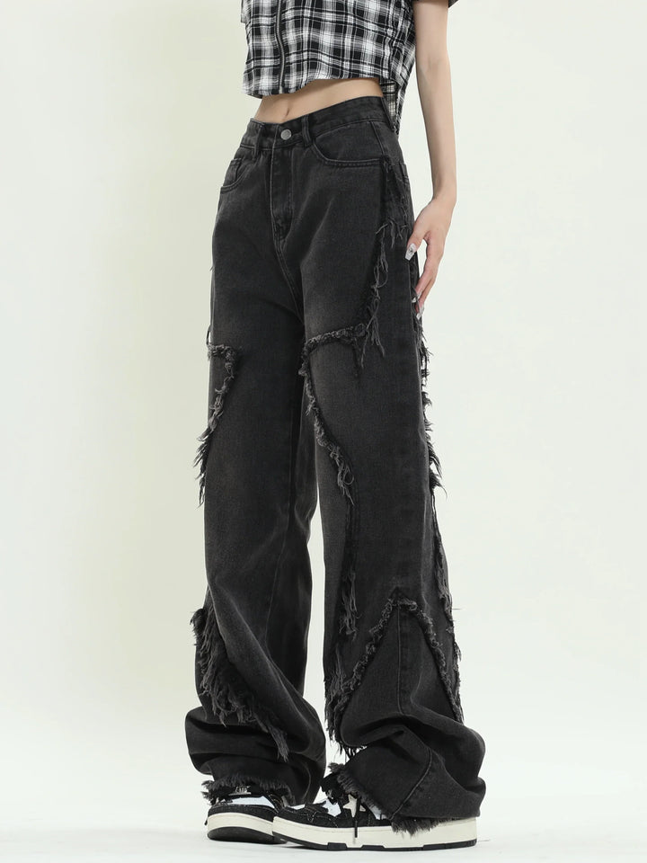 Stilla | Sorte Løse Jeans Med Stjernedesign