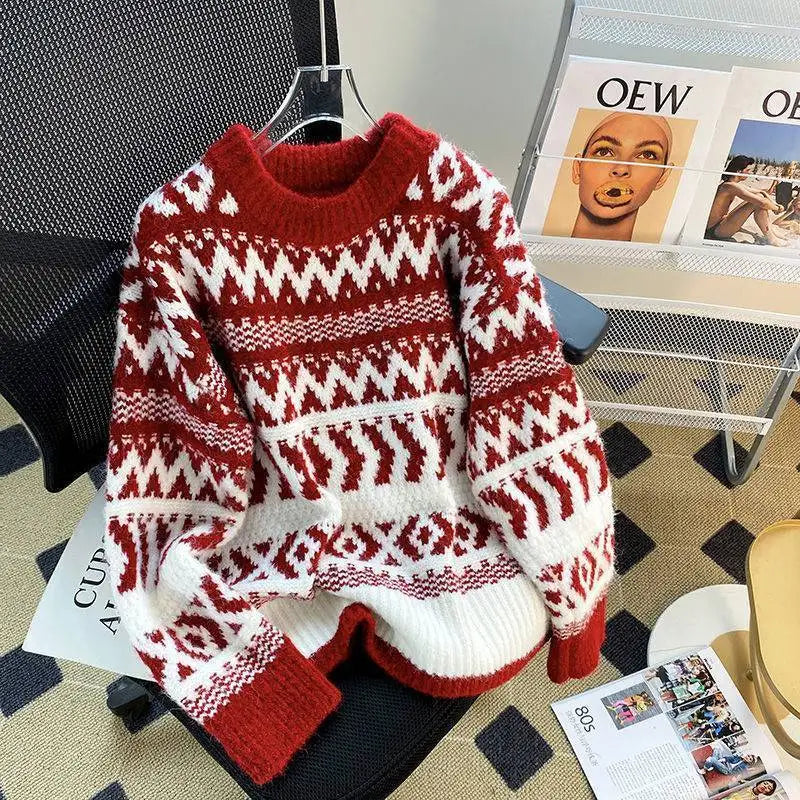 Stilla | Pullover Rundhals Patchwork Stil Vintage Til Kvinder Af Grov Strikvarer