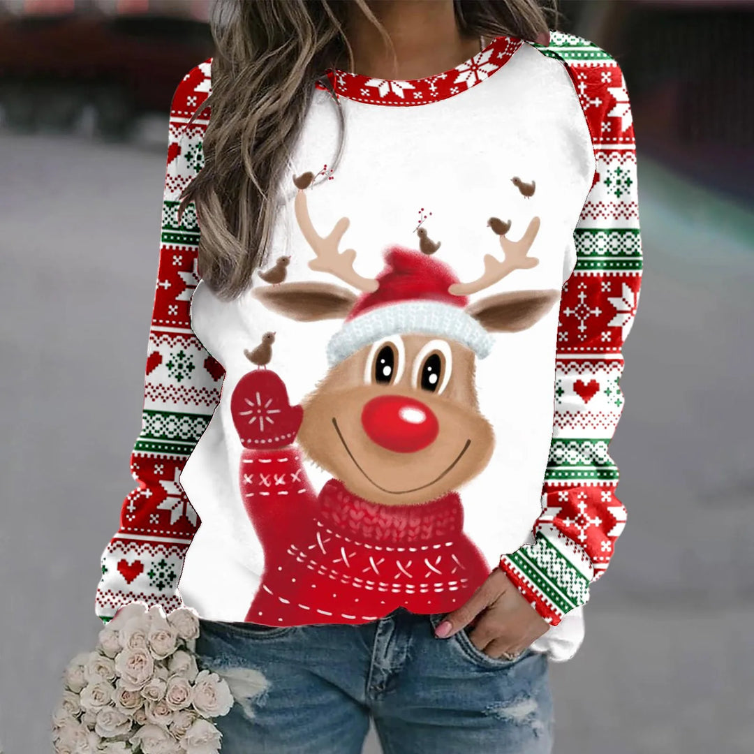 Stilla | Varm Rundhals Pullover Med 3d Printet Jule-reindeer Motiv Til Dame