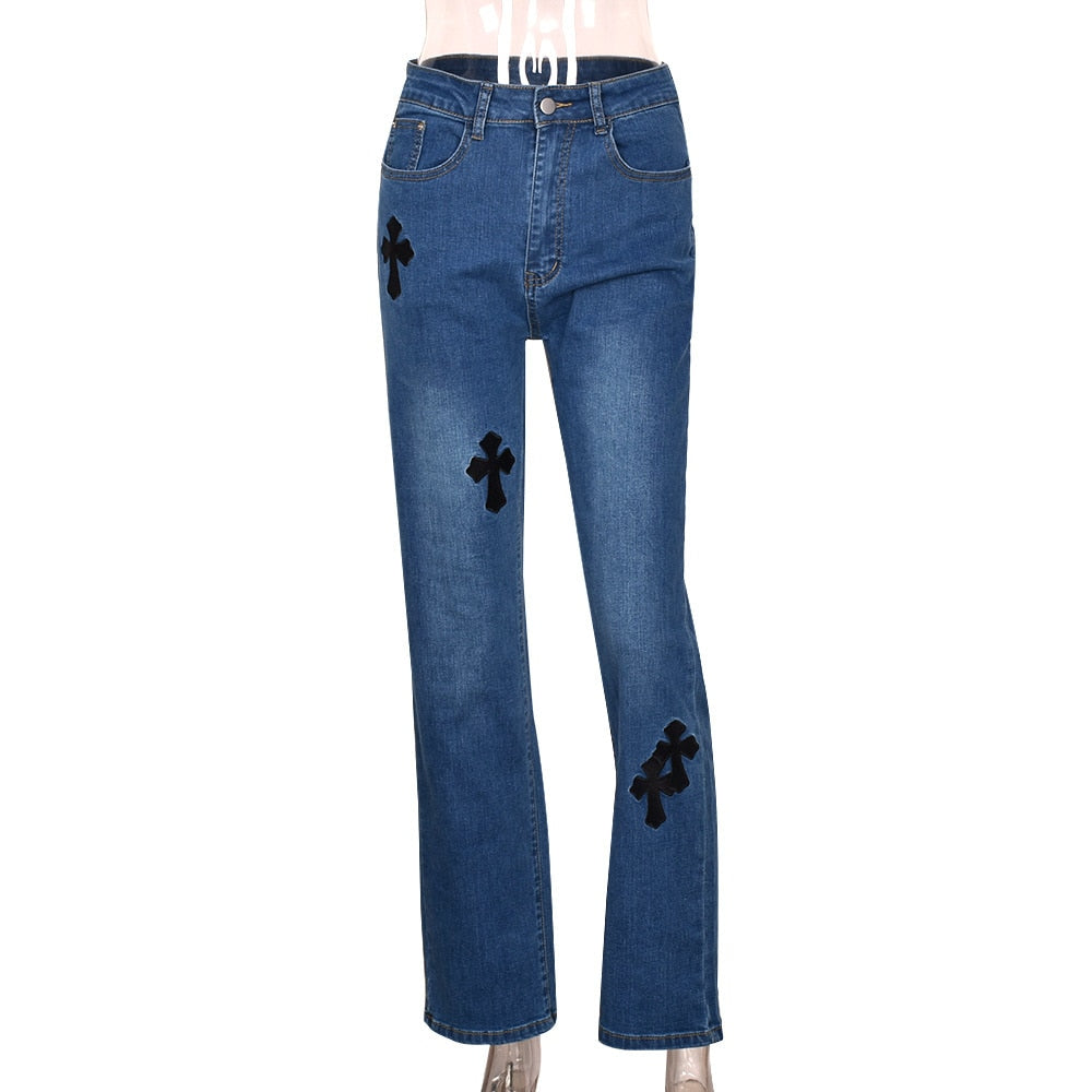 Stilla | Årgang Cross Printed Baggy Jeans Lav Talje Denim Bukser