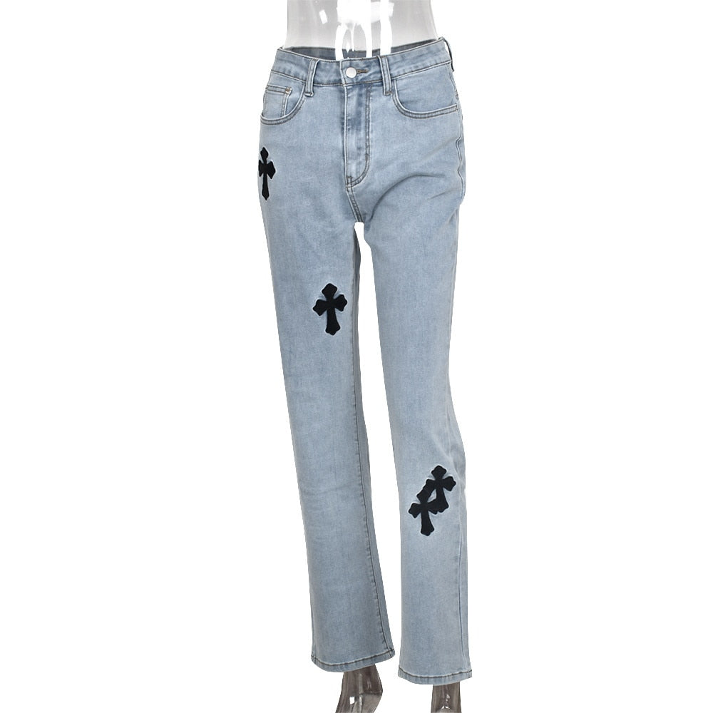 Stilla | Årgang Cross Printed Baggy Jeans Lav Talje Denim Bukser